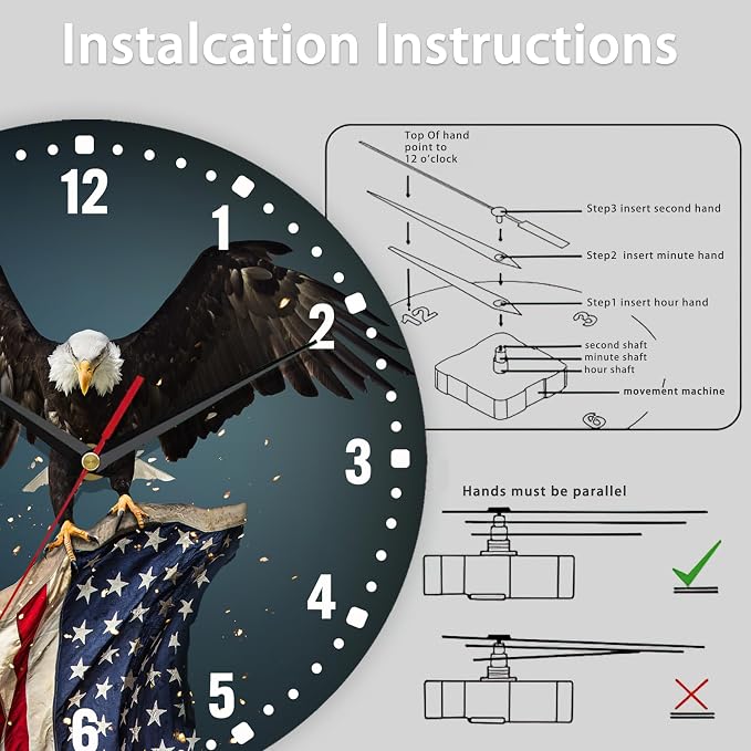 SPUNKER America Flag Eagle Wall Clocks,Patriotic Bald Eagle Wall Clock Battery Operated 10 Inch,Round Clock Silent Non-Ticking Wall Decor for Farmhouse Office Home School Living Room Bedroom