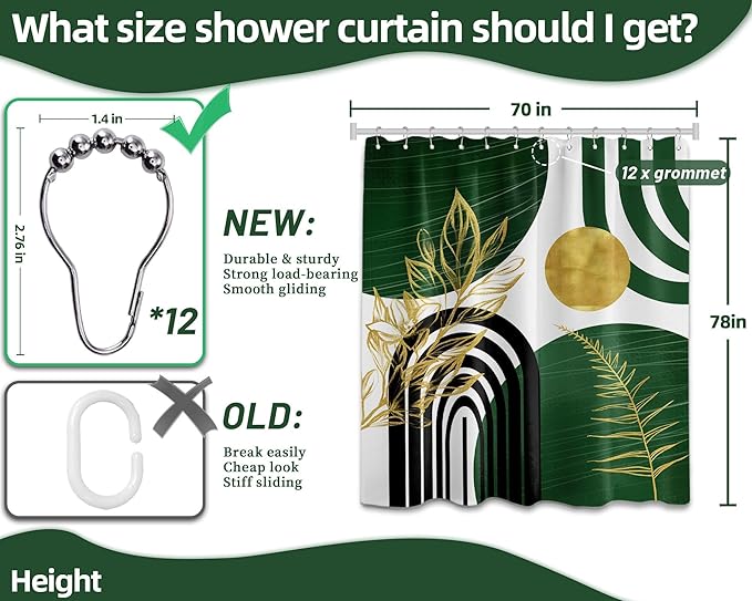 Olive Green and Gold Shower Curtain Boho Mid Century Modern Hunter Green Shower Curtains for Bathroom Decor Sets, Waterproof Cloth Fabric with Hooks 70x78in