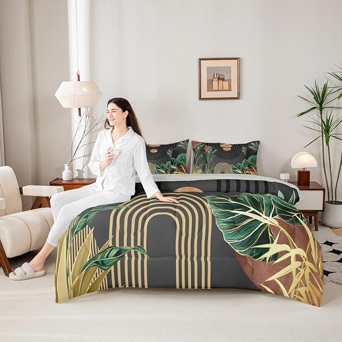 Erosebridal Mid Century Bed in A Bag 7 Pcs Brown Black Boho Geometric Comforter Set for Kids Boy Girls Tropical Modern Palm Leaf Bedding Sets Full Abstract Bohemian Aesthetic Sheet Set with Comforter