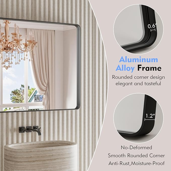 Black Bathroom Mirror 21X30 Inch, Black Metal Framed Mirror for Wall, Rounded Rectangle Matte Bathroom Vanity Mirror with Tempered Glass, Anti-Rust, Horizontal/Vertical