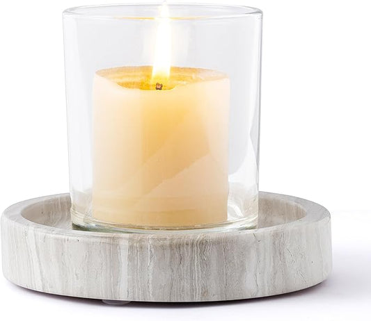 WORHE Candle Holders Italy Premium Natural Marble Candlestick Holder for Jar Pillar Candles Large Round Coaster Plate Jewelry Tray Centerpiece for Wedding Dining Table Home Decor Light Grey (WH074)