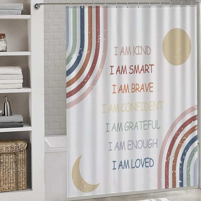 Rainbow Shower Curtain, Girls Boho Rianbow Quotes Inspirational Motivational Positive Colorful Pastel for Baby Kids Waterproof Fabric Bathroom Shower Curtain Set with Hooks, 72"x84" Inch
