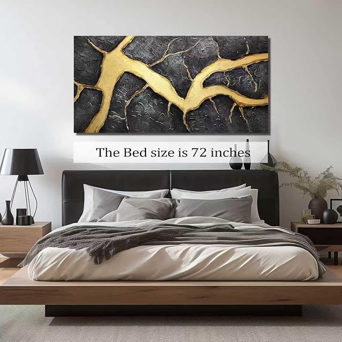 DNIEOTU Hand Painted Abstract Wall Art for Living Room, Black and Gold Canvas Wall-Decor for Bedroom, 3D Textured Paintings for Hallway Office, Large Size 72 x 36 Inches