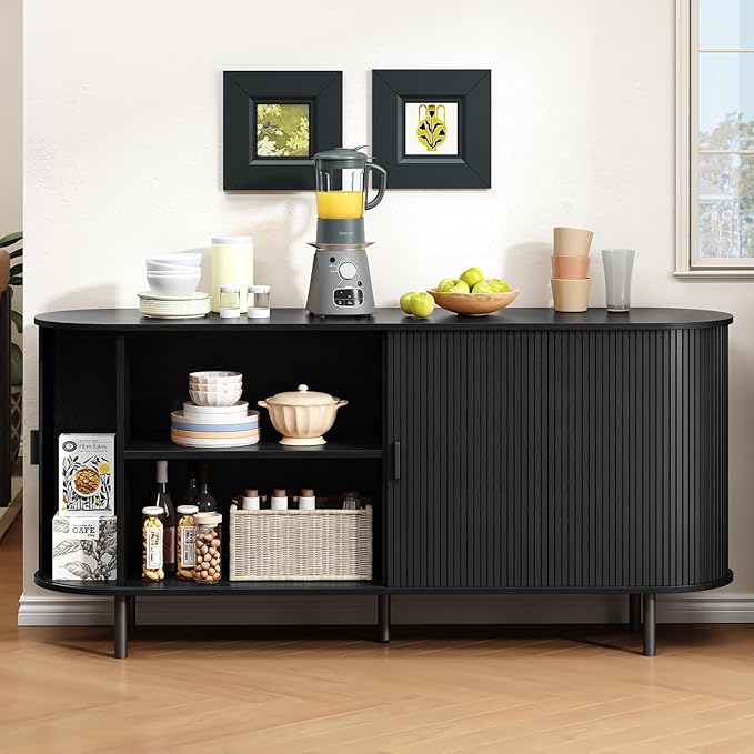 Buffet Cabinet with Storage, Fluted Sideboard Buffet with Sliding Door, Coffee Bar Cabinet with Adjustable Shelf, Console Table, Accent Table for Entryway, Kitchen (Black, 63 Inch)