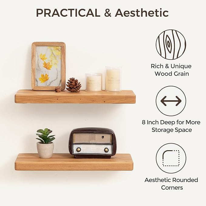 Fun Memories 18 Inch Floating Shelves for Wall, Solid Elm Wood Wall Shelf for Home Decor, Rustic Wooden Bathroom Shelves Set of 2, Heavy-Duty Hardwood Floating Shelf for Bedroom, Kitchen, Living Room
