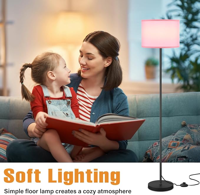 Ambimall 60'' Modern Floor Lamp with Shade, Tall Lamps for Living Room, Bedroom, Office, Dining Room, Pink Shade with Black Pole(Without Bulb)