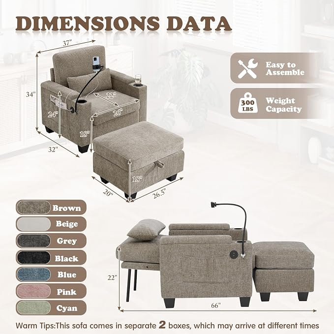Small Chaise Lounge Chair Indoor with Ottoman&Adjustable Backrest,Chenille Tufted Recliner Comfy Sofa Chair with USB,Phone Holder&Storage Arms,Convertible Sleeper Couch Bed for Living Room(37"W,Brown)