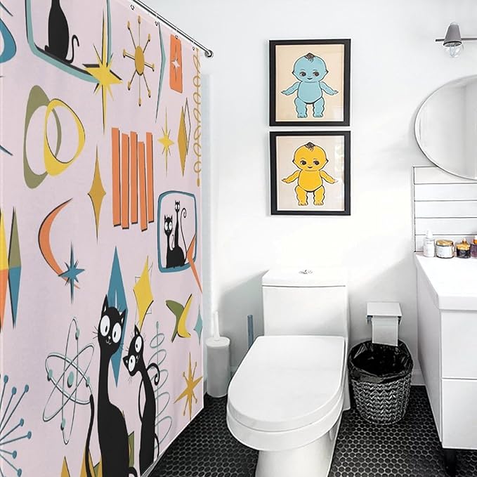 Mid Century Shower Curtains Black Cat Atomic Age Space Pink Pattern Duty Fabric Shower Curtain Set Bathroom Polyester Waterproof with 12 Hooks, 66x72Inch（168x183cm）