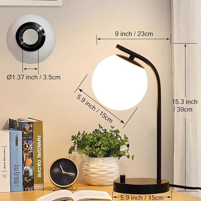 Black Globe Dimmable Table Lamp Minimalist Nightstand Lamps Mid Century Modern Desk Lamp with Milk White Glass Shade Metal Base for Dorm, Living Room Bedroom, Office,Kids Room (Tall-Black)