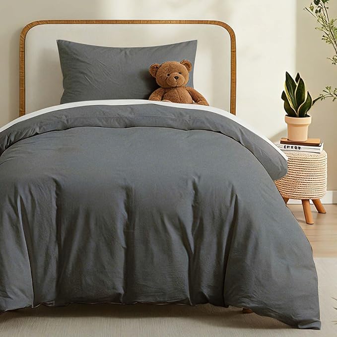 LOVQUE 100% Washed Cotton Duvet Cover Twin Size, Grey Fade-Resistant Natural Bedding Set (No Comforter), 68x90 Inches