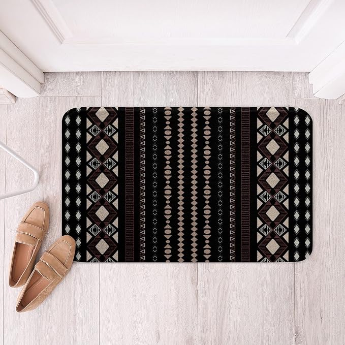 Feelyou Boho Aztec Bath Rugs 16"x24" Western Bohemian Striped Bathroom Rugs Brown Black Bath Mats for Bathroom Women Girls Soft Non Slip West Cowboy Traditional Theme Bathroom Accessoriess