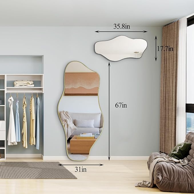 Irregular Frameless Mirror, 35.8"x17.7" Asymmetrical Wall Mirrors Decorative, Modern Abstract Tempered Glass Mirrors for Living Room Bathroom Bedroom Hallway Entryway Fireplace