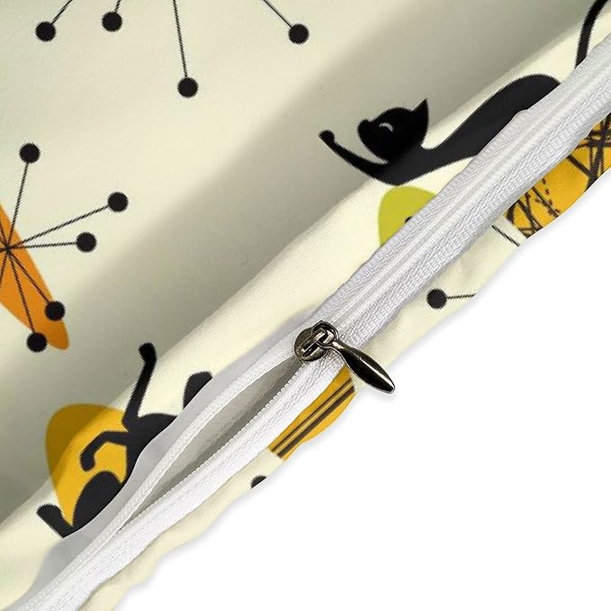 Geometry Modern Comforter Set,Mid Century Black Cat Abstract Atomic Geometric Vintage 1950s 1960s Pattern Print Yellow Bedding Set with Pillowcase for Bedroom Bed Decor，Twin 86"x70"