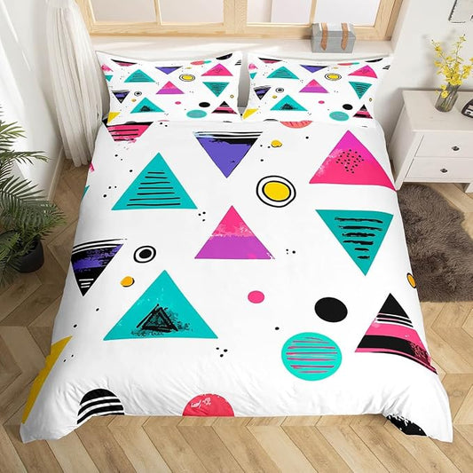 80s 90s Bedding Set Memphis Pattern Old Fashioned Comforter Cover King,Geometric Abstract Colorful Dots Funky Duvet Cover Retro Bed Set,Multicolor Cute Vintage Rainbow 80'S Style 1980S Home Decor