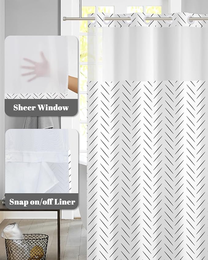 No Hook Shower Curtain and Liner Set, Black and White Herringbone Print Double Layer Waterproof Fabric Bath Tub Curtain for Modern Minimalist Bathroom Decor, See Through Top, 71x74 Inch