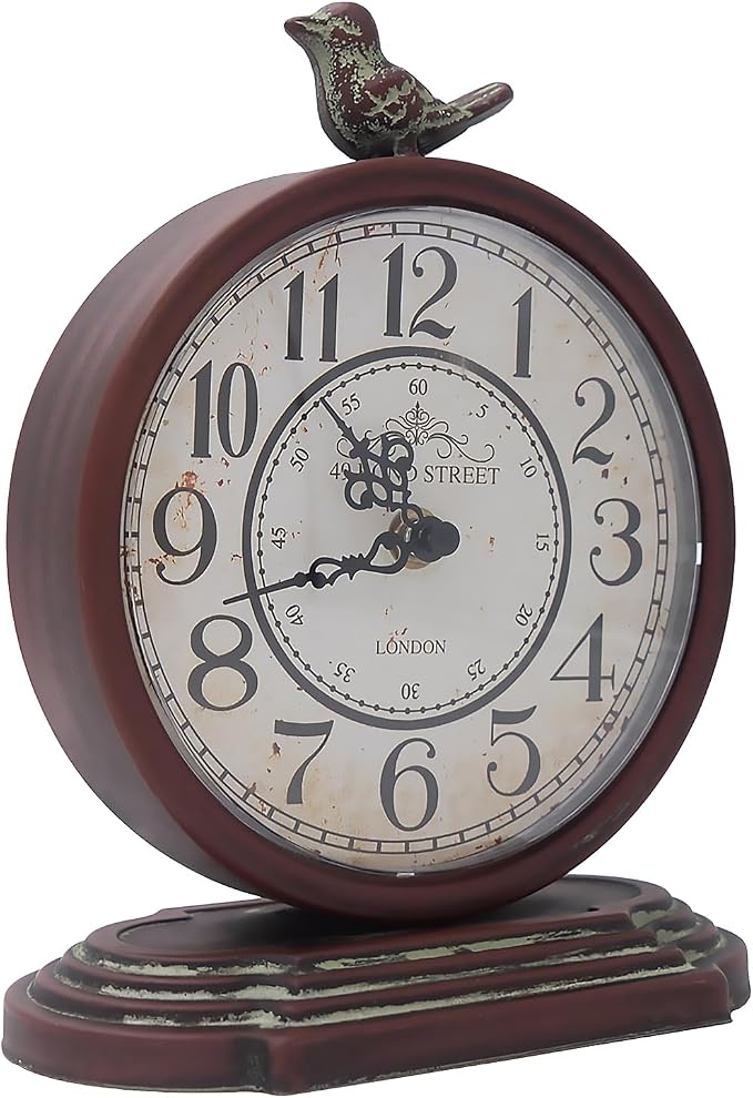 HZDHCLH Vintage Table Clock with Bird,Retro Mantel Clock Battery Operated,Metal Clock for Living Room Shelf Desk Table Fireplace Decor (Rufous)