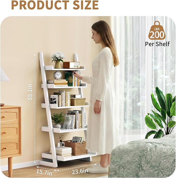 Uniclinens White Wooden Ladder Shelf, 5-Tier Leaning Bookshelf, Ladder Bookshelf for Compact Spaces, Leaning Bookcase for Living Room, Bedroom, Home Office