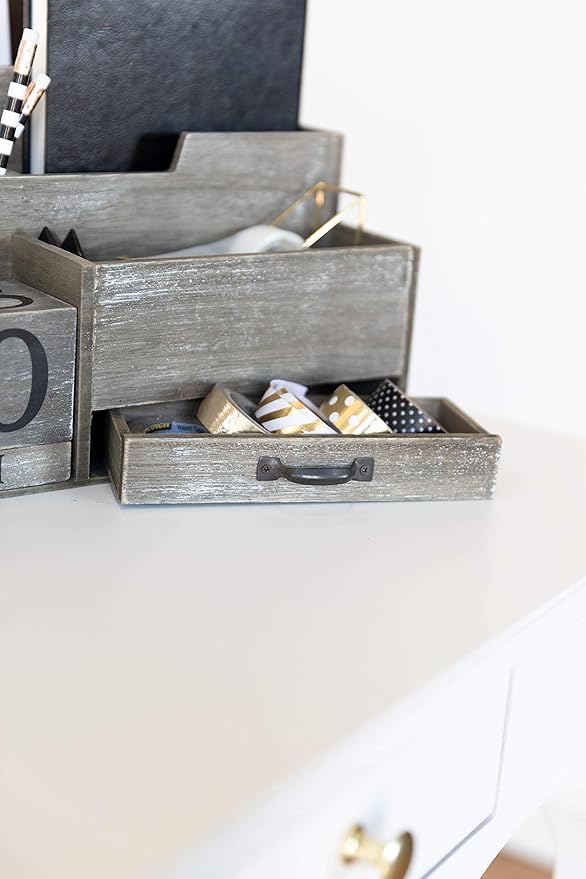 BLU MONACO | Dark Wooden Mail Organizer with Block Calendar | Two-Tier Mail Sorter, Drawer & Accessory Compartment | Desktop Organizer for Home or Women’s Office