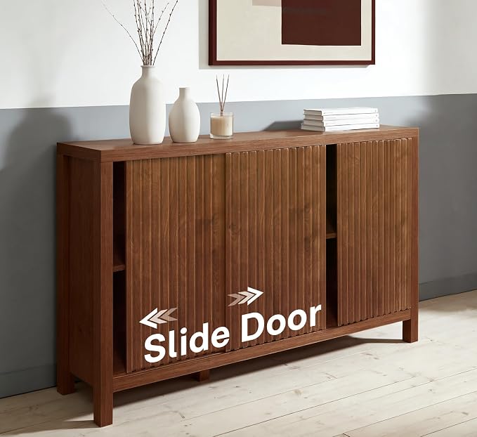 ZYBT Fluted Sideboard Buffet Cabinet with Storage, Modern Credenza Buffet Sideboards Bar Cabinet Console Table with Adjustable Shelves Slide Door for Living Room Hallway Kitchen Entryway