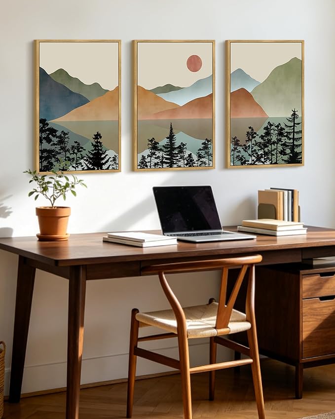 KUVIOKE Watercolor Mountain Framed Wall Art Nature Laker Landscape Painting Sun Rises Boho Farmhouse Rustic Room Decor 16x24in (Natural Framed)