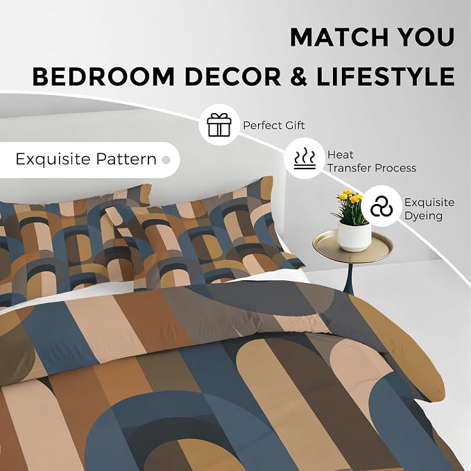 Mid Century Modern Duvet Cover Oversized King Size, Retro Geometric Bedding Set 3 pcs with 2 Pillow Covers, Abstract Boho Bedroom Decor, Soft Microfiber Reversible, Zipper & Ties KJJT 109