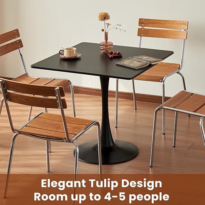 Square Dining Tulip Table for 4, Mid-Century Modern Table with Sturdy Metal Pedestal for Kitchen, Bistro, Cafe, Leisure (Black, 31.5 INCH)
