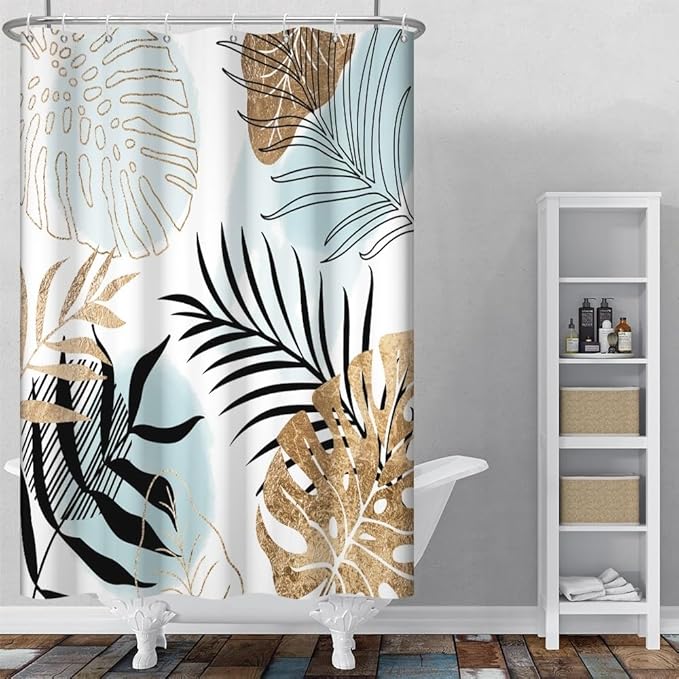 Modern Boho Shower Curtain Turquoise Gold Palm Leaves Abstract Aesthetic Bathroom Decor Watercolor Botanical Theme Bohemian Bath Curtains Washable Waterproof Polyester Fabric with Hooks 36x72 Inch
