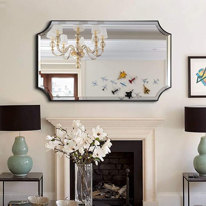POZINO Rectangle Beveled Mirror, 24"x40" Bathroom Vanity Mirrors for Over Sink, Modern Matte Black Decorative Wall Mirror, Rounded Corner Oblong Mirrors for Living Room Bedroom Fireplace Entryway