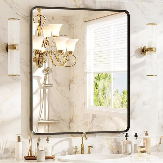 30x36 inch Black Rectangle Bathroom Mirror, Metal Framed, HD Tempered Glass, Anti-Rust Frame, Bathroom and Entryway Decor, Horizontal or Vertical Hanging