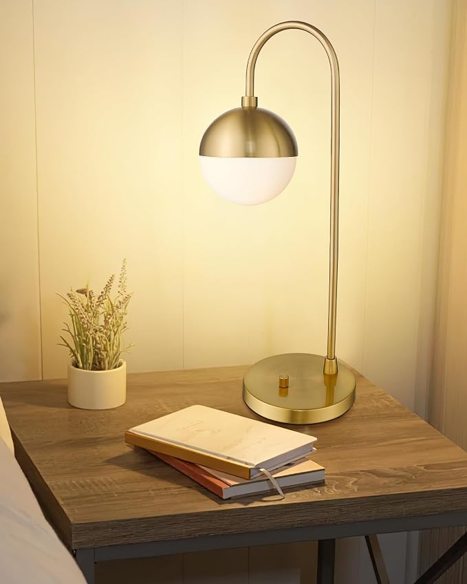 LMS Modern Gold Table Lamp with White Glass Globe, Gold Desk Light Bedside Lamp with Brushed Brass Finished for Living Room Office Nightstand, Dimmable Switch