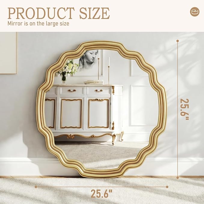 Decorative Gold Round Wave Mirror 26" Scalloped Edge Circle Mirror Wall Decor for Bathroom Entryway Fireplace Living Room Bedroom Hallway with Shatterproof Glass