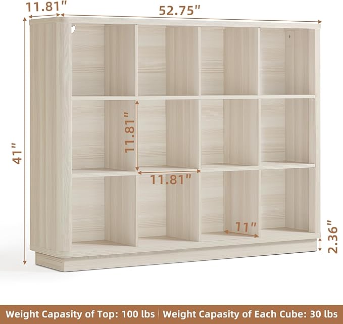Joaxswe 12 Cube Storage Organizer, 41" Large Bookshelf with Curved Edge, Wood Floor Standing 3-Tier Cubby Bookcase w/Base, Modern Display Storage Cabinet for Living Room, Office, Gray-White Cream Oak