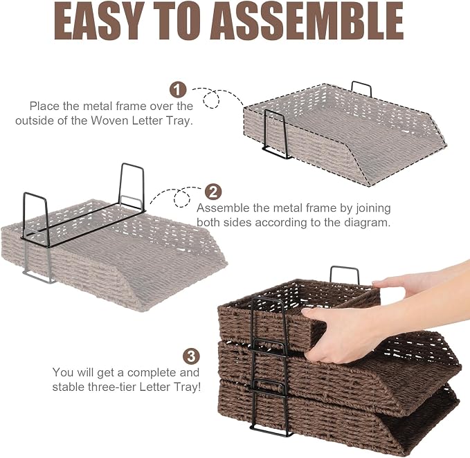 Geelin 3 Pack Paper Rope Woven Stackable Desk Organizer Letter Tray, Brown Tabletop Desk Basket for Storage Paper Letter Folders Notebooks Copy Print, Workspace Holder