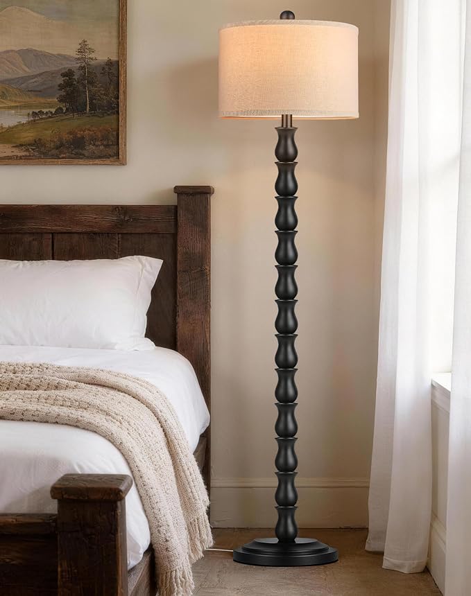 63.5" Rustic Floor Lamp for Living Room, Farmhouse Floor Lamp with Rotary Switch & Linen Shade, Vintage Resin Tall Standing Lamp for Bedroom Corner Office Home Decor, Black (LED Bulb Included)
