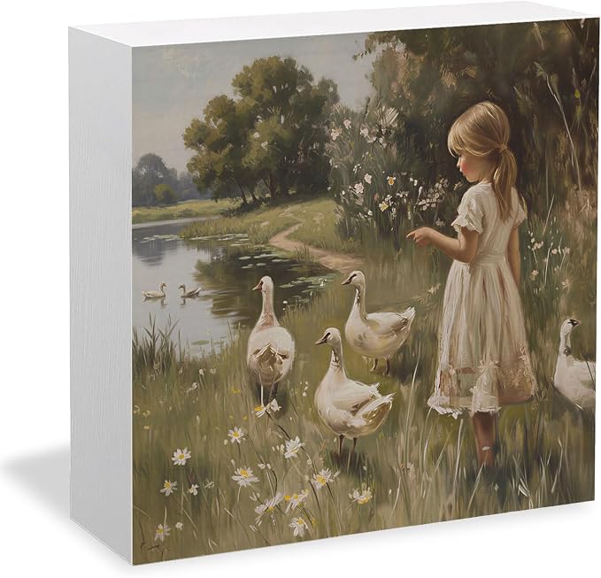 Vintage Rustic Girl and Goose Wooden Box Sign Desk Decor, Moody Countryside Cottagecore Wildflower Goose Wood Signs for Home Office Desk Table Shelf Decorations, 5x5 Inch