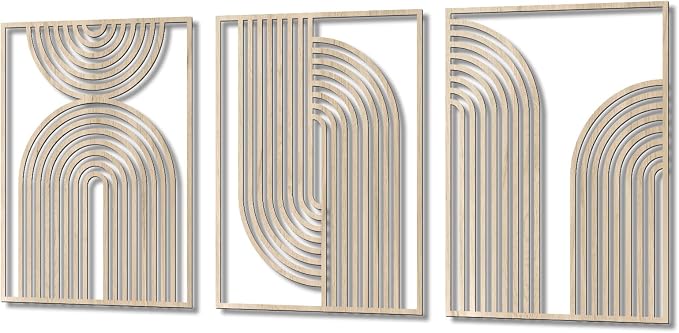 COLOR VALLEYART Set of 3 Modern Wood Wall Art Panels, Boho Geometric Design, 11.4 x 7 inches, Indoor Decor for Living Room, Office (11.8L''x15.7''Wx3Pcs)