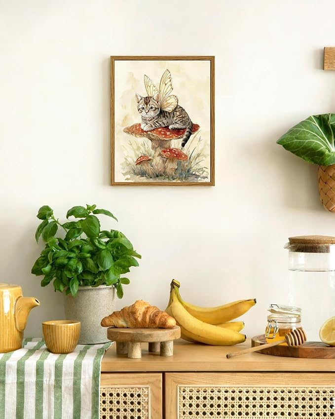 InSimSea Vintage Framed Wall Art Fairy Cat Canvas Prints, Nature Home Decor, Fantasy Themed Decor Painting Picture, Living Room,Bedroom Wall Decor Gifts for Friends or Family - 10L x 8W
