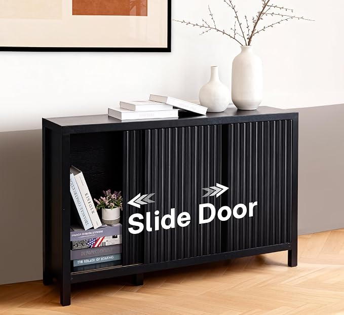 ZYBT Fluted Sideboard Buffet Cabinet with Storage, Modern Credenza Buffet Sideboards Bar Cabinet Console Table with Adjustable Shelves Slide Door for Living Room Hallway Kitchen Entryway (Black)