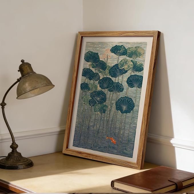 Framed Lotus And Koi Canvas Poster Japanese Floral Botanical Pond Wall Art Retro Oriental Asian Prints Decor for Bedroom Zen Meditation Room Home 24x36 inch