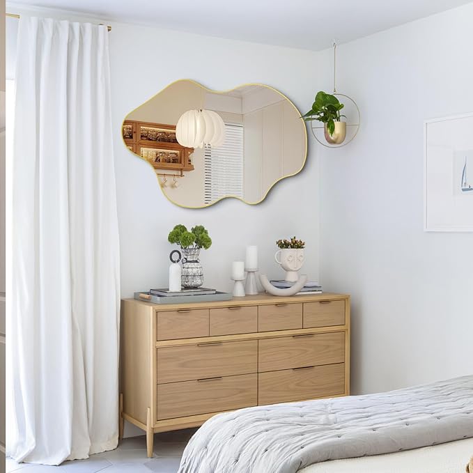 Gold Irregular Mirror, 31.5"x23.6" Asymmetrical Wall Mirrors, Unique Shaped Mirror Decorative, Modern Frameless Abstract Mirrors for Living Room Bathroom Bedroom Hallway Entryway Fireplace