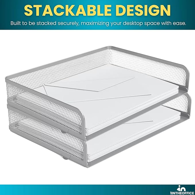 Stackable Side Load Letter Tray, Silver Wire Metal Mesh Paper Tray Organizer, 2 Trays