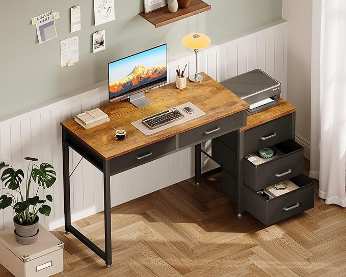 ODK Computer Desk with 5 Drawers, 53 Inch Office Desk with Printer Shelf, Reversible Work Desk for Home Office, Writing Table Desk for Storage, Rustic Brown