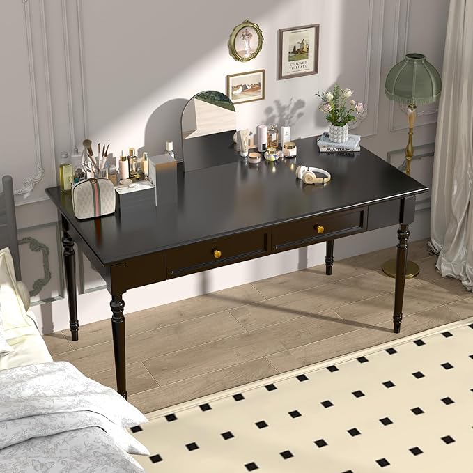 Solid Wood French Country Desk,Writing Desk with Storage Drawers,Farmhouse Computer Table Makeup Table Modern Simple Style,for Home Office Living Room Study Workspace Bedroom (Black, 47.2IN)