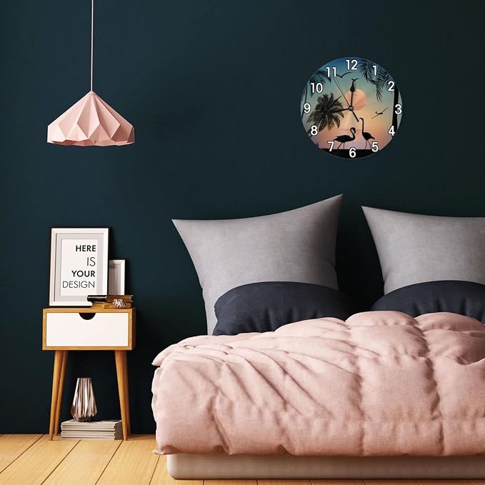 Flamingos Walk on the sea Beach Wall Clock Battery Operated Silent Round Clock Wall Decor for Home Office School, 12 Inch