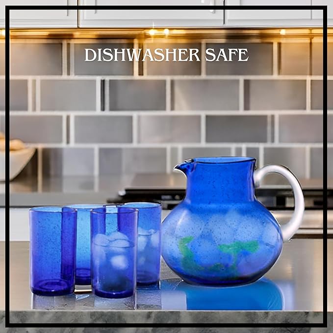 ARTLAND Iris 90oz Glass Pitcher & 17oz Highball Cup (Set of 4) - Handcrafted Drinkware, Unique Bubble Design Lead-Free Glass for Serving Beverages, Home Dining, Entertaining Essentials (Cobalt Blue)