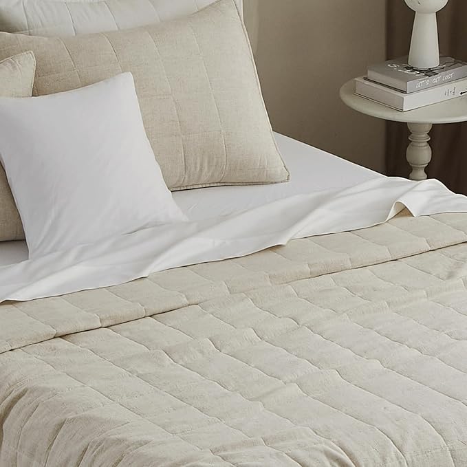 Powdion French Linen Quilt Queen, 100% Linen Front / 100% Cotton Back Pre-Washed Vintage Bedding for All Season, Oversized European 3 Pieces Stitch Bedspread