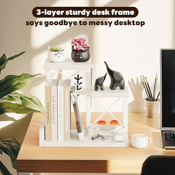Abiglifty Desk Shelf Organizer, Wooden Desktop Organizers, 3 Tier Desk Hutch Small Bookshelf, Nightstand Organizer, Riser Display Stand for Office, Dorm, Home (White)