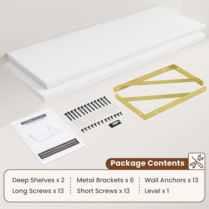 Deep Wall Shelves 40"W x 12"D Engineered Wood Floating Shelves for Wall, Sturdy Metal Bracket(Gold) Bookshelves Home Decor Storage for Living Room Bedroom Bathroom Kitchen, Set of 2, White Finish