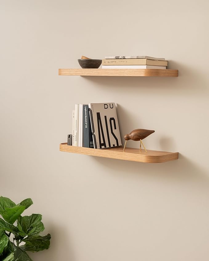 Kazai.® 23.6 inches Floating Shelves for Wall 'Toke' | Set of 2 Small Mounted Wooden Shelf Units | Modern Wall Decor & Storage for Living Room, Bathroom, Kitchen, Bedroom & More | Oak