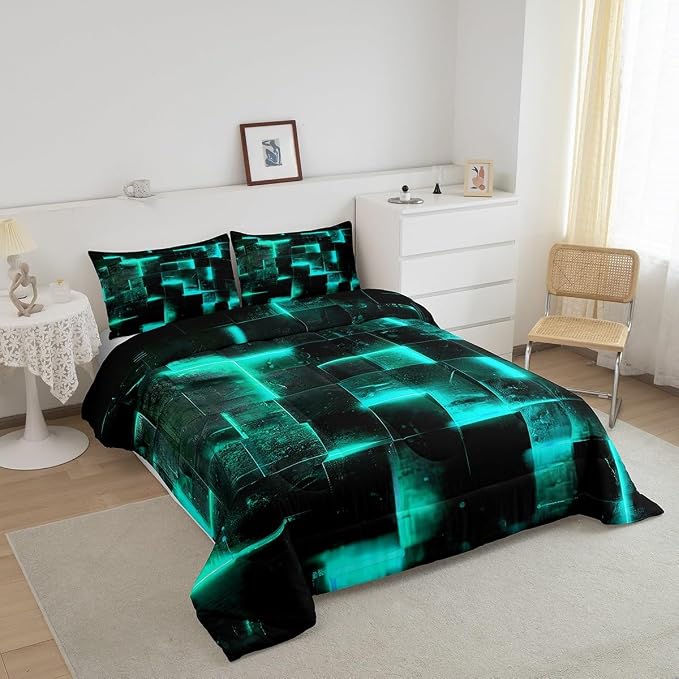 Teal and Black Bedding King 3D Glowing Buffalo King Comforter Set, Modern Abstract Art Bedding Comforter Sets Geometric Plaid Duvet Insert, Gradient Futuristic Cubes Down Comforter (Black Reversible)